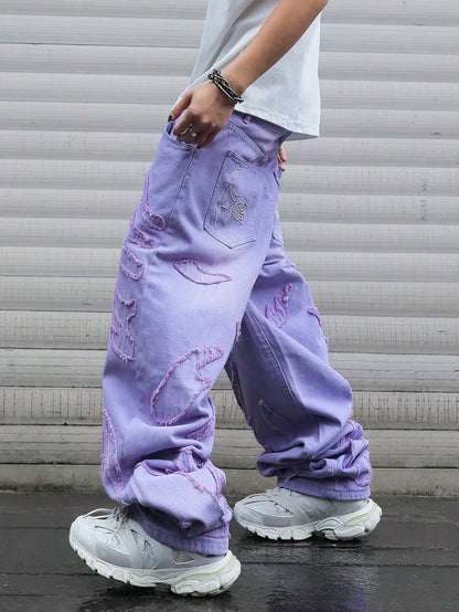High - street style purple distressed frayed jeans for men, loose, trendy street hip - hop wide - leg pants
