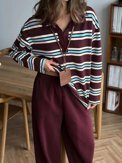 Autumn Casual Stripes Contrast Long-sleeved T-shirt Women Button Lapel Polo Shirt Tshirts New Streetwear Retro Chic Tops 2025