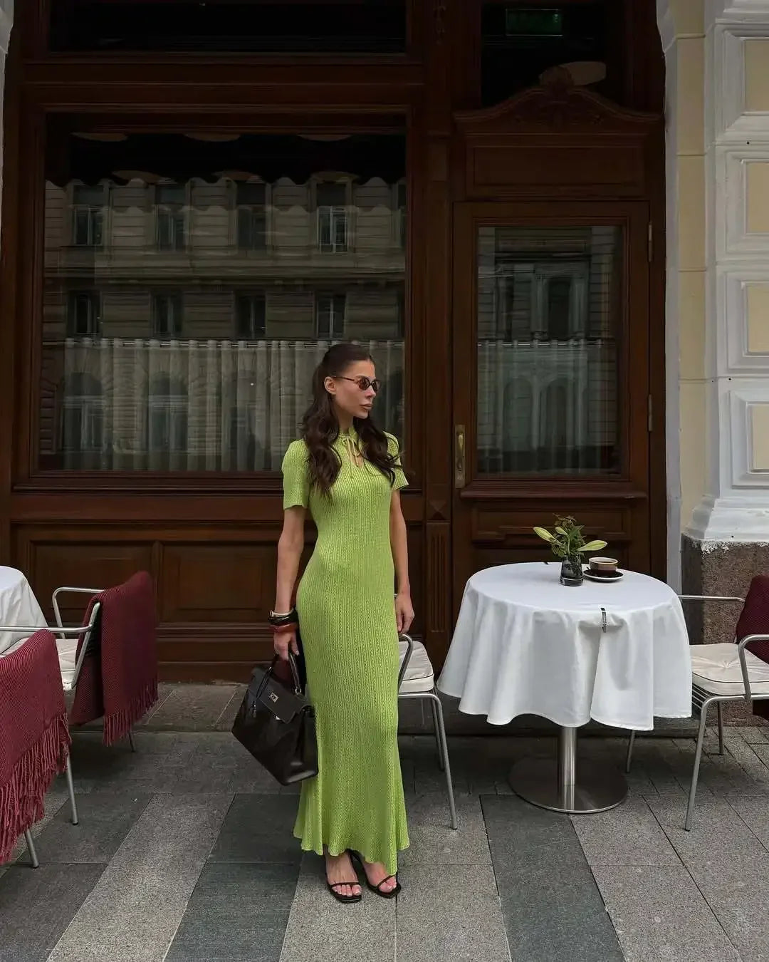 Long Dress Female Short Sleeve Slim Hollow Retro Elegant Sweater Dress 2025 Summer High Waist Woman Dress
