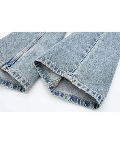 Women's Street Fashion Denim Blue Jeans Distressed Patchwork High Waist Zipper Fly Ripped Retro Long Pants