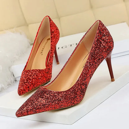 Women Luxury Bling Red  Blue Valentine Party Scarpins Pumps Lady Glitter Sequins 7cm 9.5cm High Heels Designer Shoes Plus Size