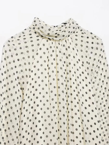 New Women Bow Collar Blouse Vintage Polka Dot Printed Loose Tops Fashion Elegant Spring Long Sleeve Commuting Shirts