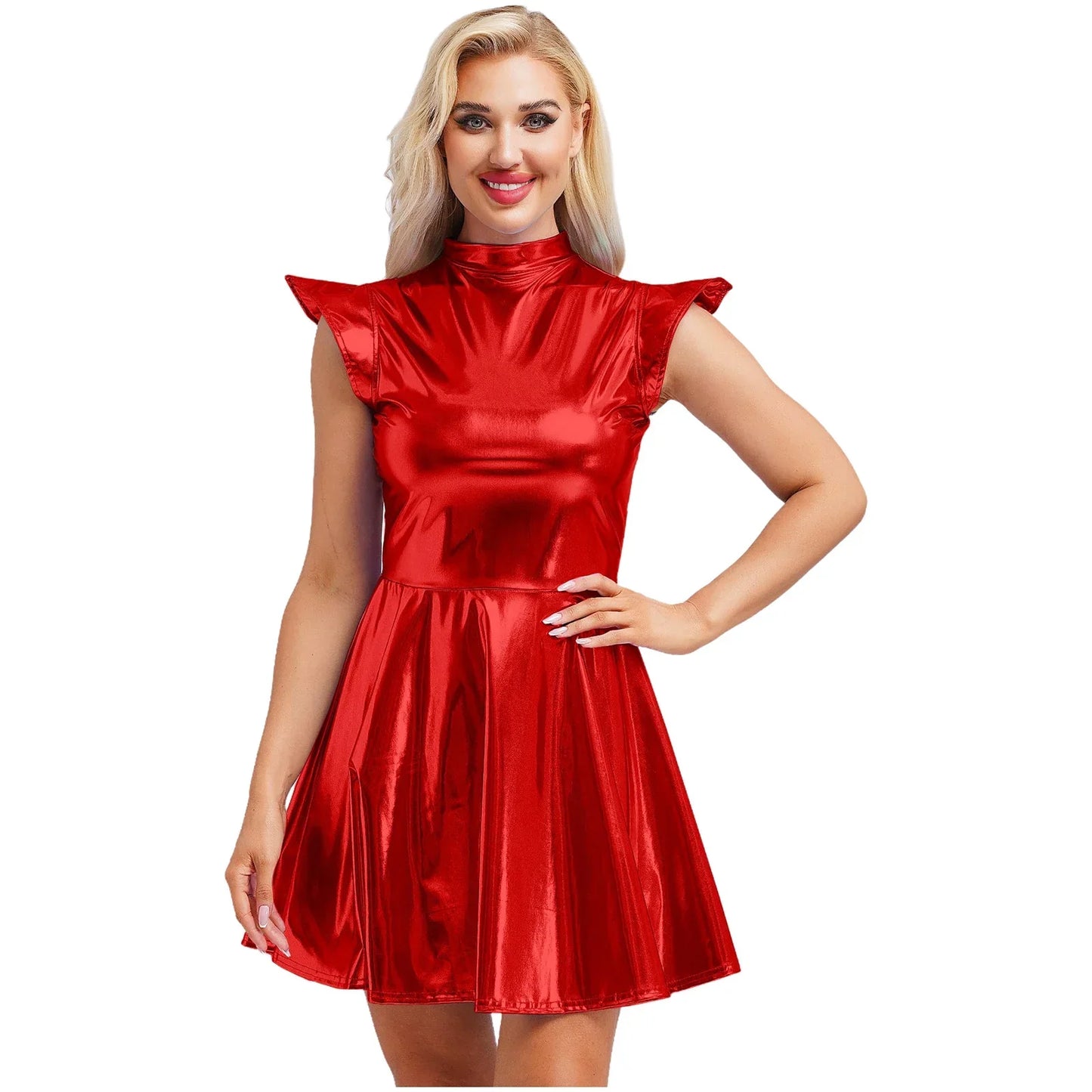 Womens Cocktail Dress Shiny Metallic Dress Alien Space Cap Sleeve High Waist A-line Dress for Halloween Party High Street Dress