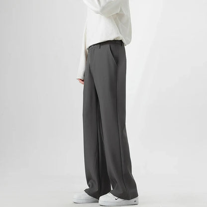Men's Korean Fashion Small Flared Suit Pants Elastic Waist Drape Loose Straight Solid Color Business Office Casual Male Trousers