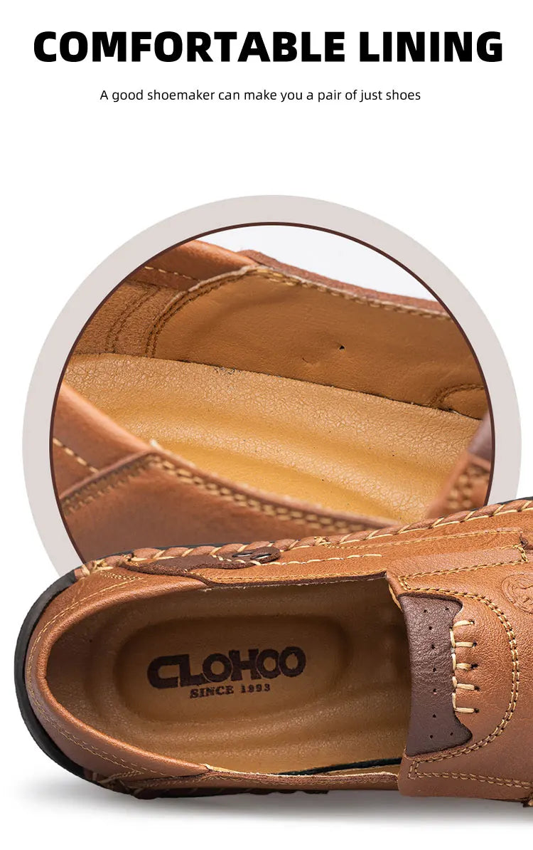 Men's Handmade Thick Rubber Bottom Breathable Casual Leather Shoes Classic Sewn Loafers Comfortable Leisure Footwear