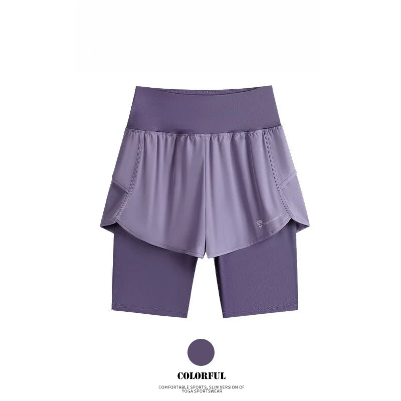 Yoga Shorts Women Summer Fake Two Piece High Waist Loose Gym Shorts With Pocket Ladies Lightweight Fitness Running Clothes