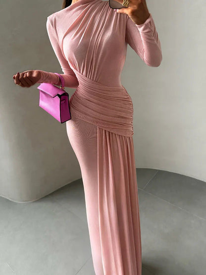Folds Maxi Dress Women o-Neck Full Sleeve Solid Banquet Elegant Vacation Fashion Autumn Skinny Casual Simple Vestidos