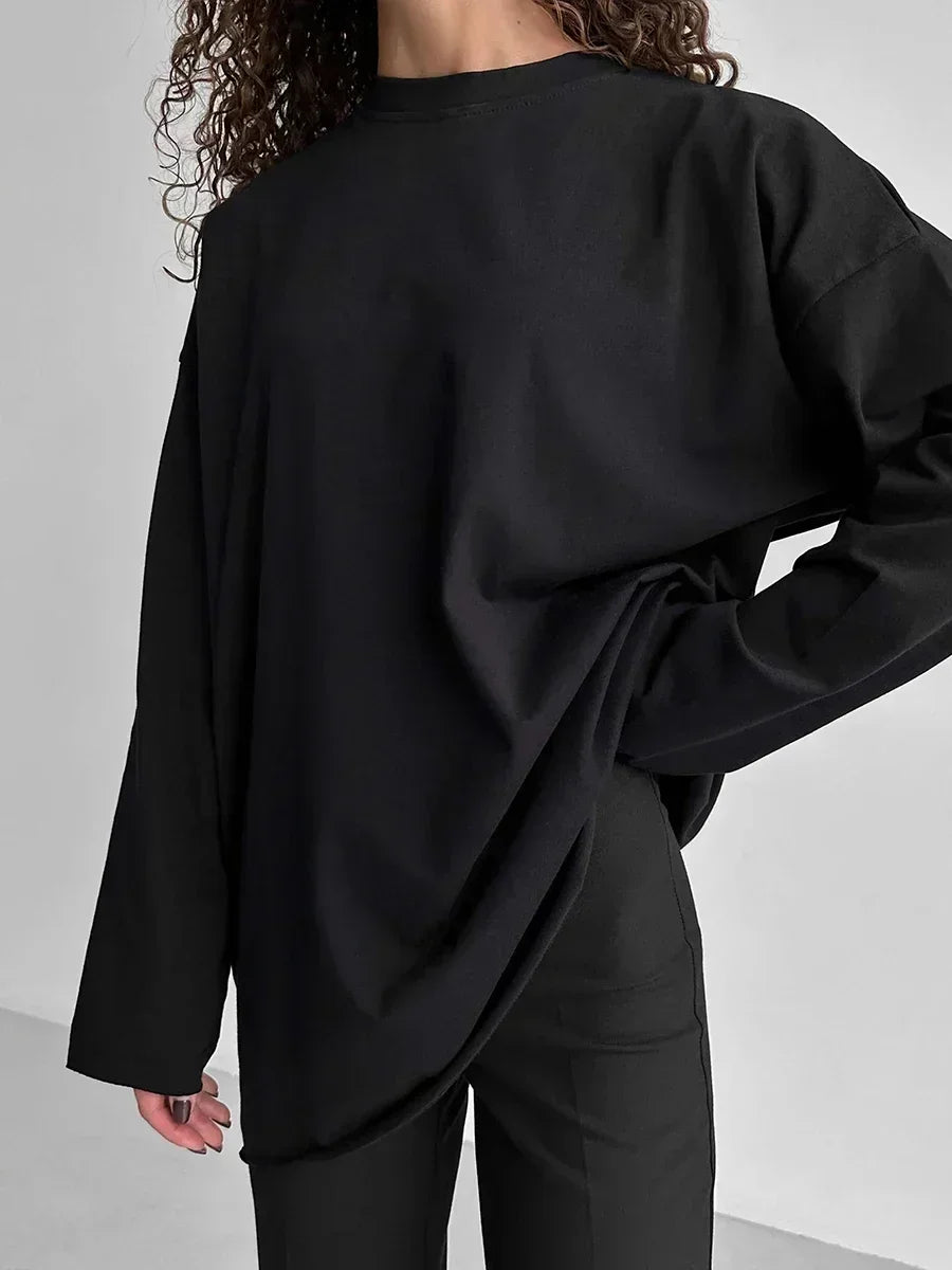 Women Summer 100% Cotton T-shirt Bottoming Spring Basic Fashionable Solid Lady Long Sleeve Loose Tops Shirts