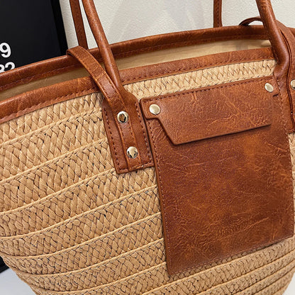 Single-Shoulder Bag, Forest-Style Straw Woven Bag for Women, Beach Vacation Woven Beach Bag, Summer Handmade Bag, New Style to Match with Skirts, Large Tote Bag for Commuting, Work, and Travel