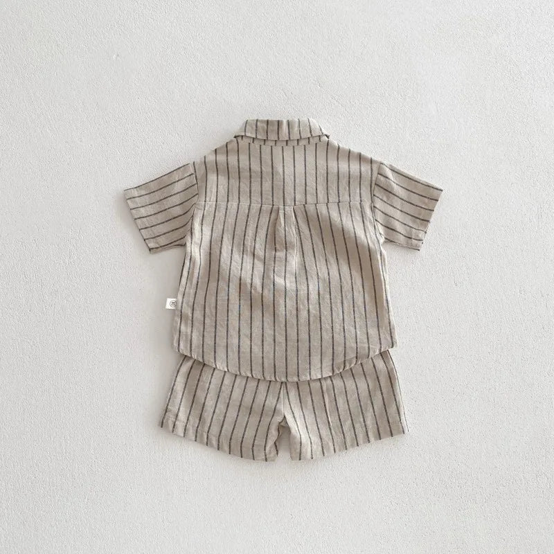 New Summer Korean Style Baby Boys Striped Outfits Cotton Linen Shirts Shorts 2pcs Children Casual Loose Sets