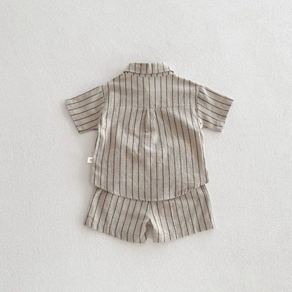 New Summer Korean Style Baby Boys Striped Outfits Cotton Linen Shirts Shorts 2pcs Children Casual Loose Sets