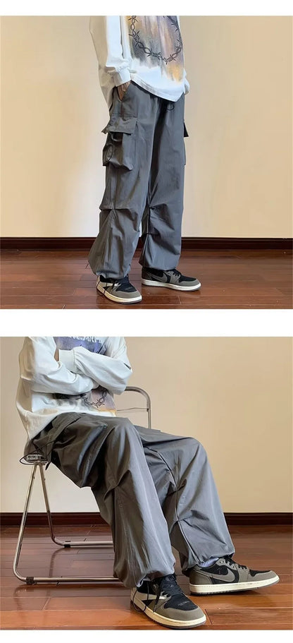 Streetwear 2025 New Spring Harem Multicolored Casual Pants Men Elastic Waist Solid Color Cargo Pants Multi Pocket Baggy Pants
