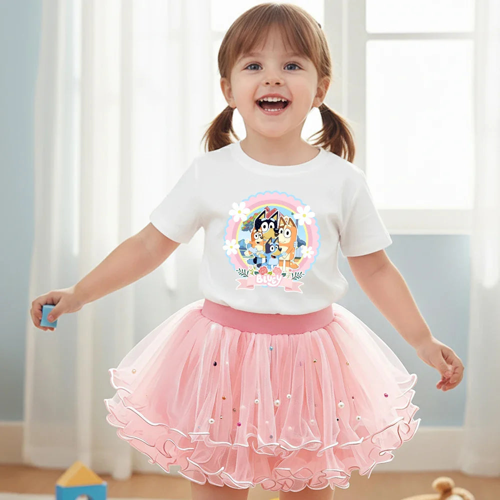 2Pcs/Set Girl Dress Kid Birthday Clothes Party Princess Dress Cartoon T-shirt+Tutu Skirt Summer Evening Christmas Gift