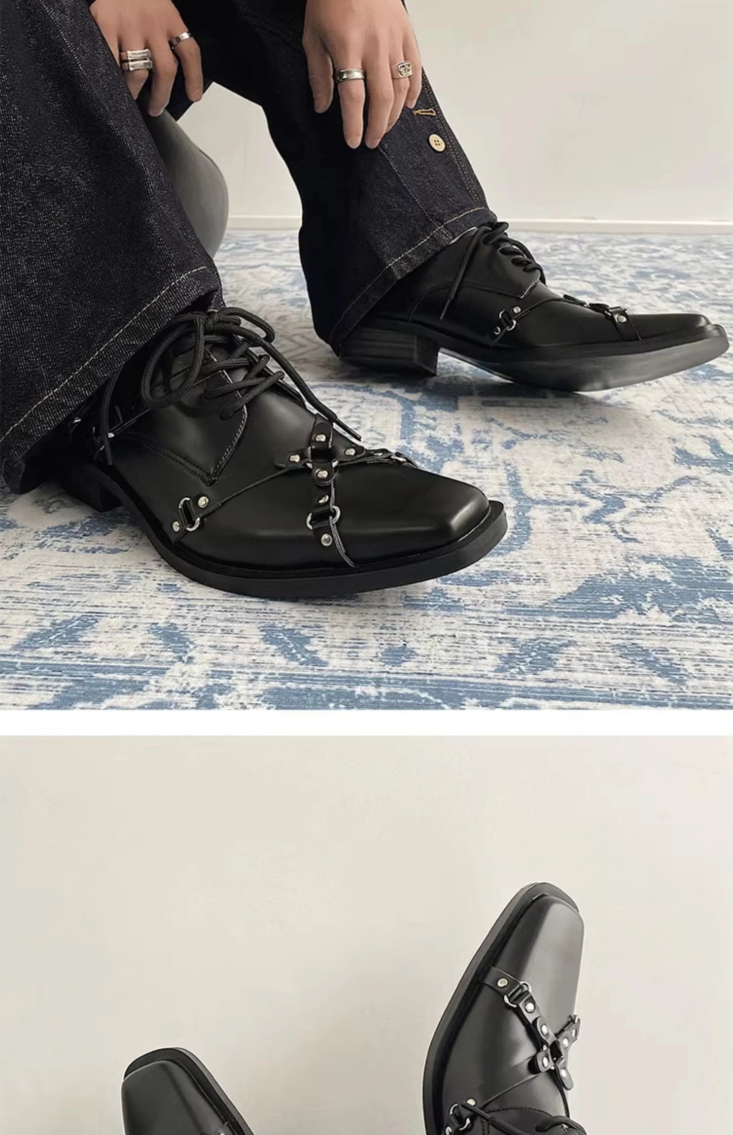 Men's formal leather shoes pointed niche design dark style Oxford shoes strap metal decoration business casual derby shoes