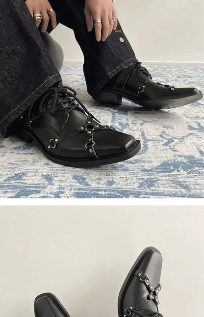 Men's formal leather shoes pointed niche design dark style Oxford shoes strap metal decoration business casual derby shoes