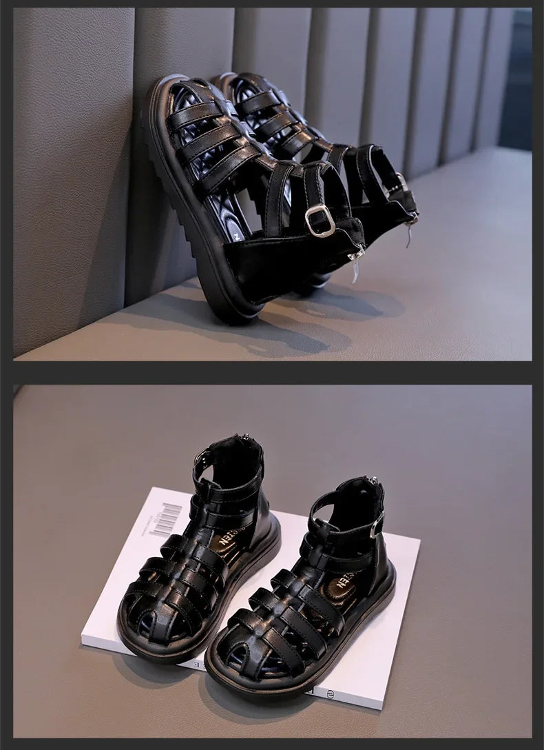 British Style Children's Sandals Girl 2024 Summer Kids Hollow-out Beach Shoes Fashion Causal Girls High-top Simple Roman Sandals