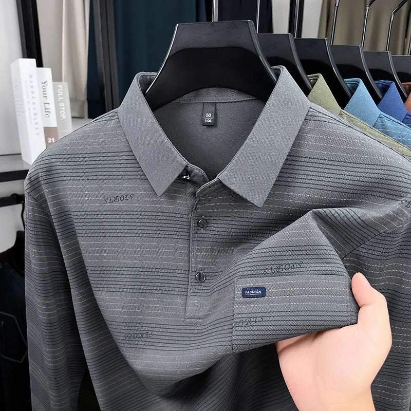 2025 long sleeved men's spring and autumn collar striped pullover top with loose pockets polo shirt