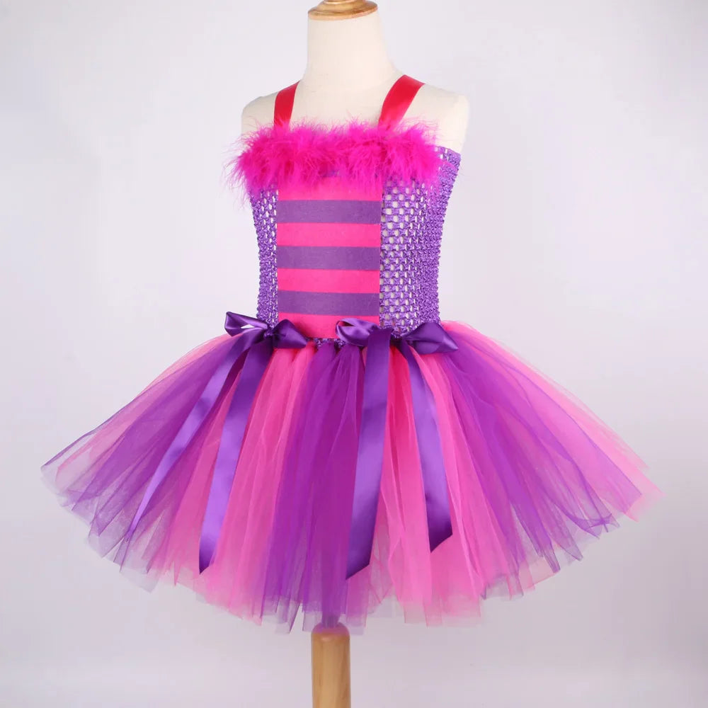 Fantasias Gato Cheshire Rosa Pink e Roxo para Bebês Meninas Roupa de Tutu Chique de Animal para Crianças Festa de Carnaval com Orelhas Laço e Meias