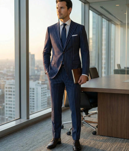 Elegant dark blue striped men's suit; 2 pieces of fashionable double-breasted, collarless slim-fit jacket and trouser set new st