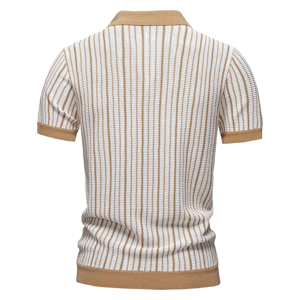 2025 Men's Striped Mesh Polo Shirt - Breathable Contrast Panel Knit Top with Turn-Down Collar