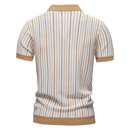 2025 Men's Striped Mesh Polo Shirt - Breathable Contrast Panel Knit Top with Turn-Down Collar