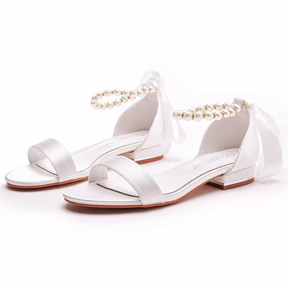 Summer new 2-cm square-heeled silk ribbon pearl rhinestone low-heeled wedding shoes beaded lace-up flat large-size women sandals