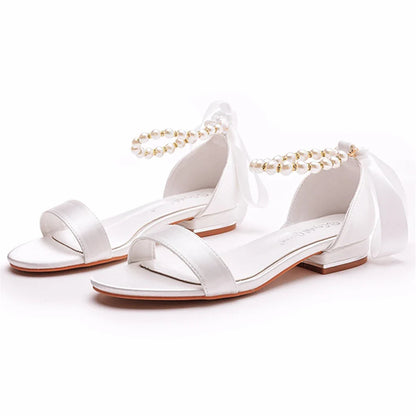 Summer new 2-cm square-heeled silk ribbon pearl rhinestone low-heeled wedding shoes beaded lace-up flat large-size women sandals