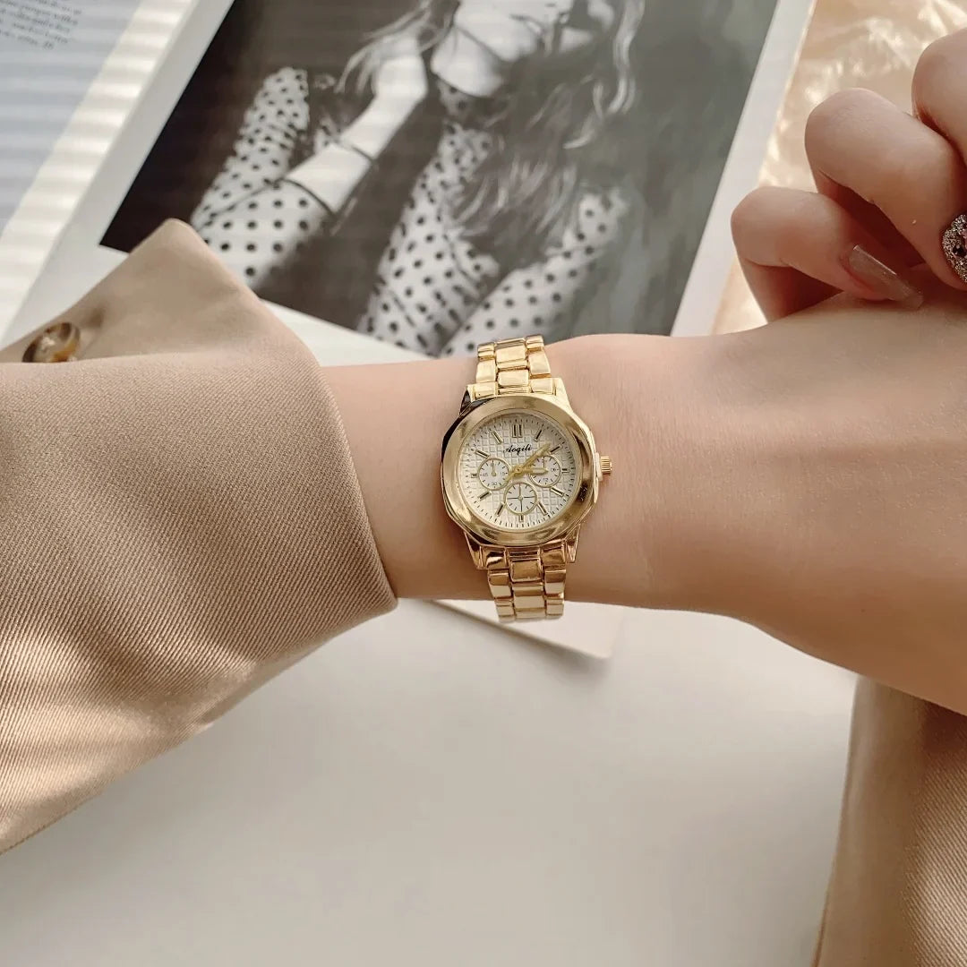 Women's Fashion Round Room Gold Steel Band Quartz Wristwatch Luxury Ladies Golden Watch for Women Clock Female Reloj