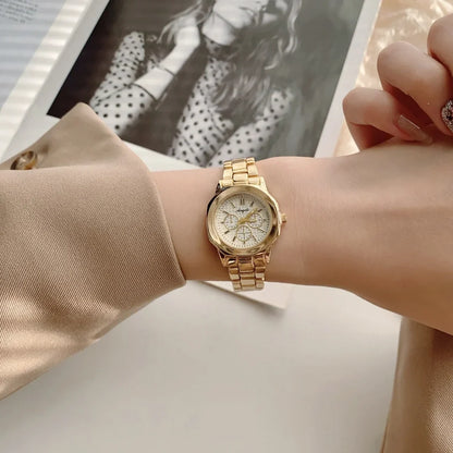 Women's Fashion Round Room Gold Steel Band Quartz Wristwatch Luxury Ladies Golden Watch for Women Clock Female Reloj