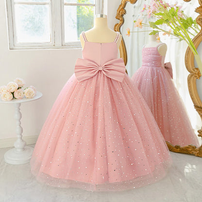 Elegant Sequins Bridemaids Girl Dress Summer Big Bow Tulle Wedding Princess Party Prom Dresses Girls Birthday Evening Ball Gown