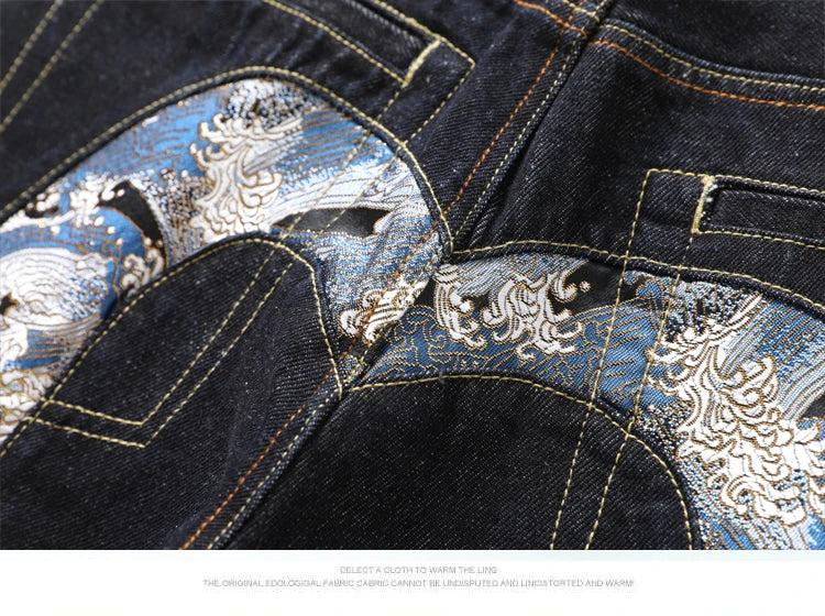 Men's Japanese Handmade Embroidered Cotton Jeans Straight Tube Slim Fit Hip-Hop Trousers Red Ear Detail Devil Big M Golden Text