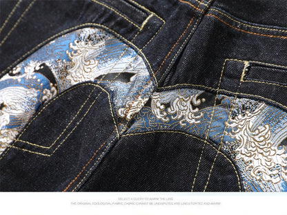 Men's Japanese Handmade Embroidered Cotton Jeans Straight Tube Slim Fit Hip-Hop Trousers Red Ear Detail Devil Big M Golden Text