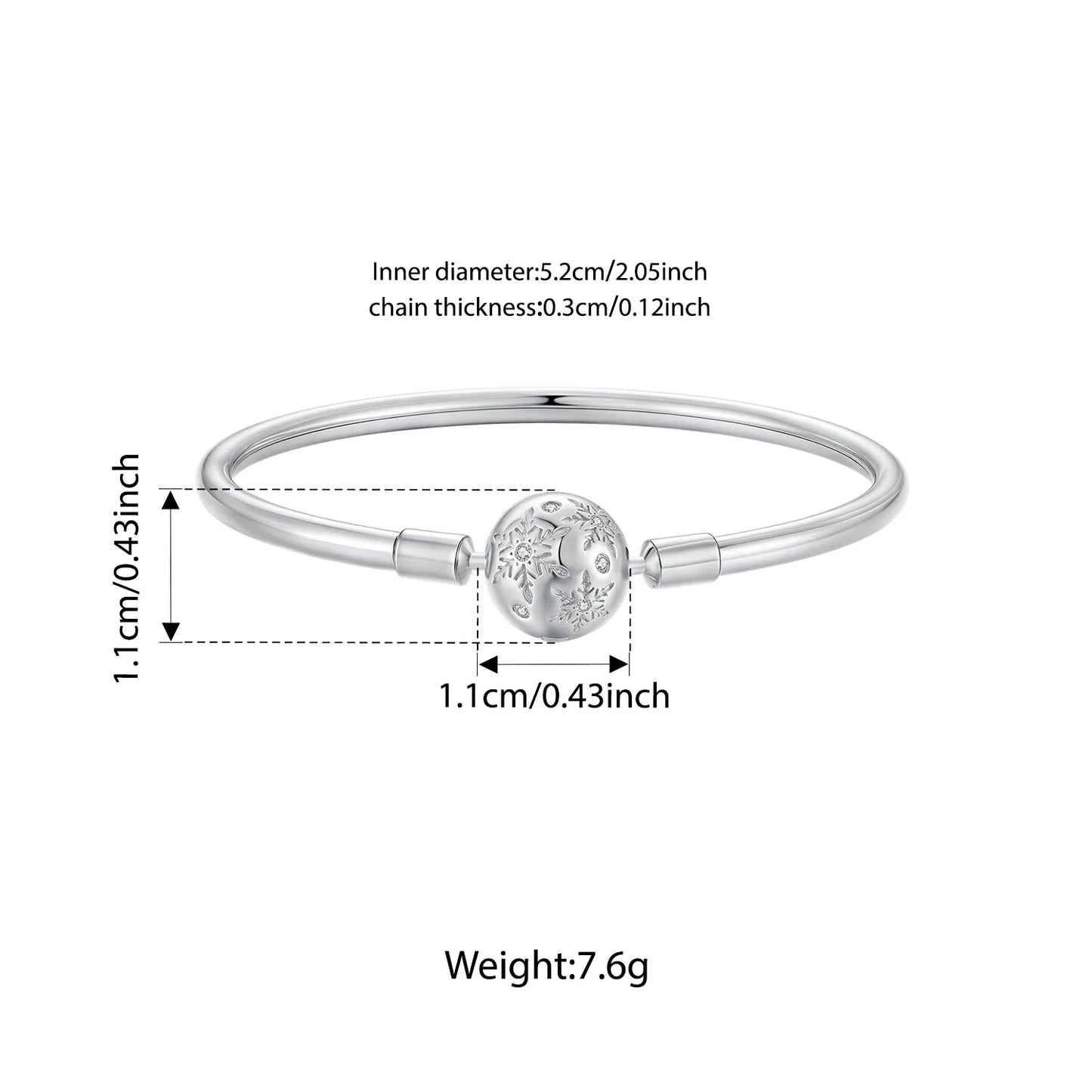 925 Sterling Silver Ice Flower Charm Bangle & Bracelet Glossy Basic Wrist Bangle for Women Pendant Beads DIY Xmas Jewelry