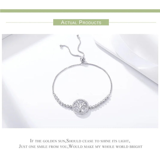 925 Sterling Silver Tree of Life CZ Tennis Bracelet Women Adjustable Bolo Bracelet Fine Jewelry SCB035