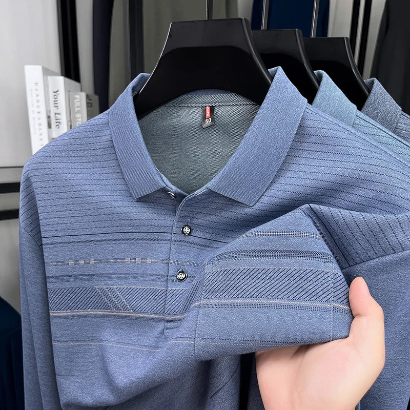 High quality striped printed long sleeve polo shirt men's fashion light luxury pocket autumn new business casual lapel T-shirt