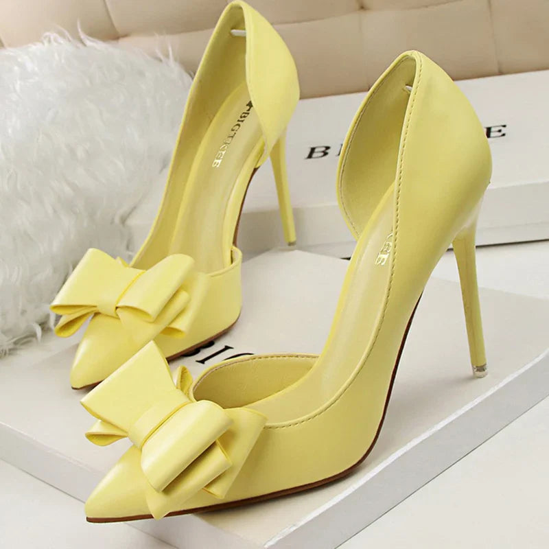 Women 7.5cm 10cm High Heels Korean Pumps Scarpins Cute Bow Middle Low Heels Lady Fetish Sweet Wedding Bridal Yellow Blue Shoes