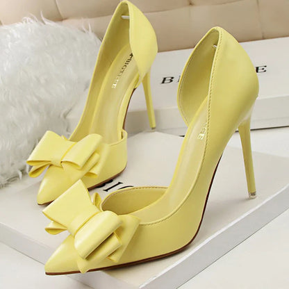 Women 7.5cm 10cm High Heels Korean Pumps Scarpins Cute Bow Middle Low Heels Lady Fetish Sweet Wedding Bridal Yellow Blue Shoes