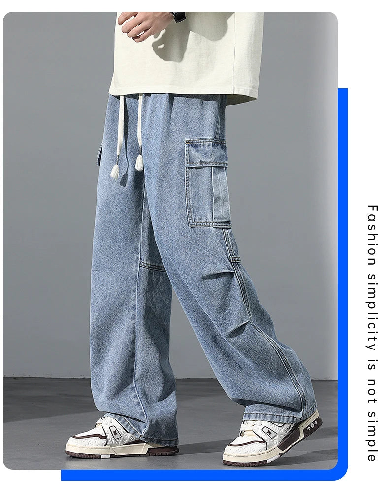 Large Pocket Baggy Solid Jeans Men's 2026 New Spring Classic Straight Denim Trousers Street Y2K Elastic Waist Casual Cargo Pants