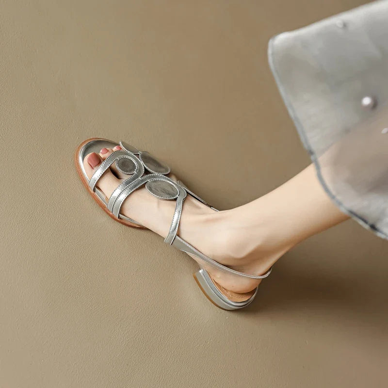 Women's New Round Head Spring/Summer Genuine Leather Sheepskin Spliced Low Heel Large Size Elastic Open Toe Sandals