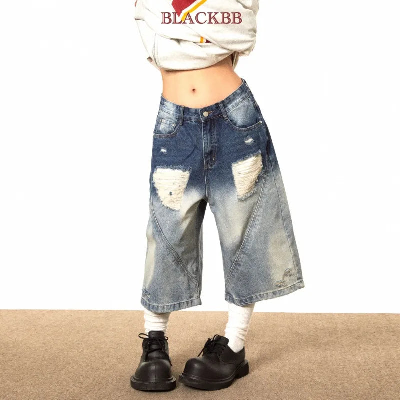 Y2k Vintage Harajuku Denim Shorts Women Washed Letter Embroidery Tassels American Retro Jeans Man Baggy Hip Hop Jorts