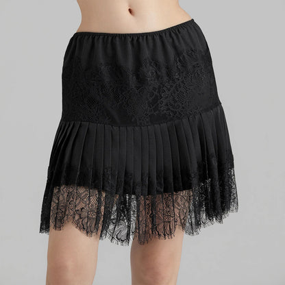 Women Y2k Lace Mini Skirt Fairy Mesh Floral Mid Low Rise Pleated Ruffle Half Slip Skirt Layered Flowy Short Skirt Streetwear