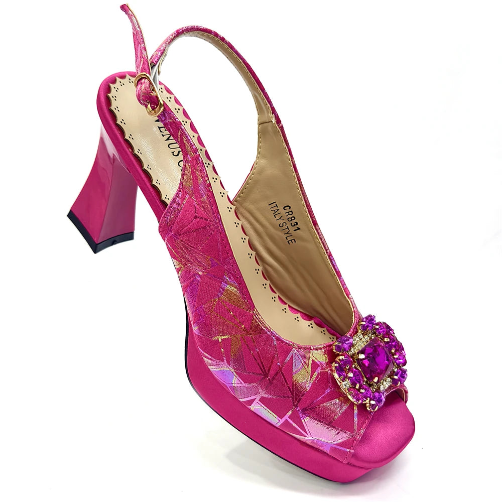 Elegant Women Heels for Peep Toe Good Material Design Rhinestone Fuchsia Sandals Italian Shoes and Bags Matching Set 2025
