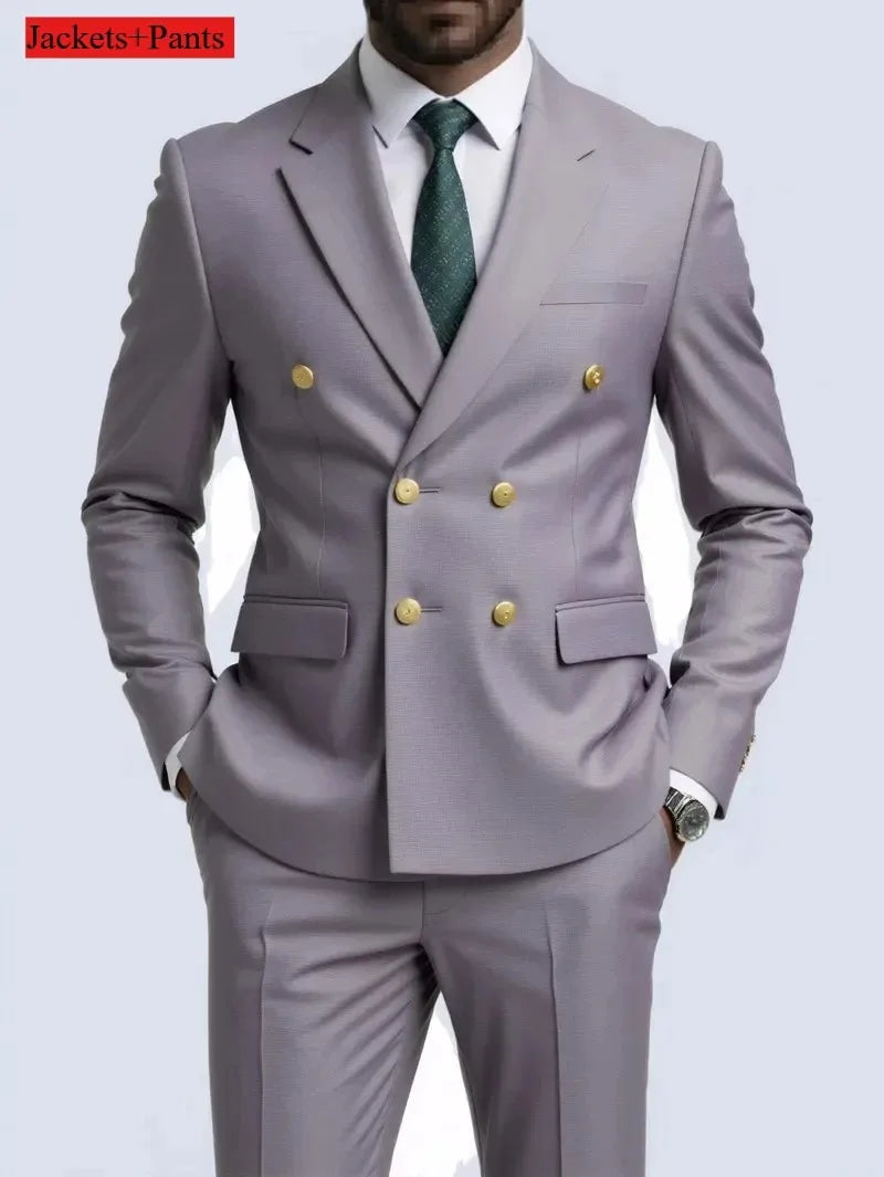 Navy Blue Double Breasted Men's Tuxedo with Gold Buttons High Quality Business Suit for Wedding Groom Party Prom
