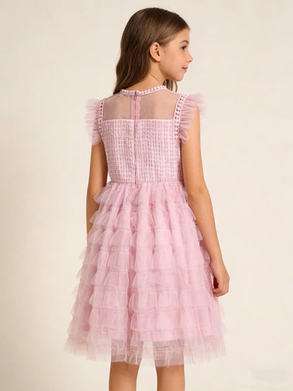 Summer Large And Medium Size Girl's Sleeveless Round-Neck Netting Patchwork Dress Sweet Dreamy Cake Puff Skirt Dress