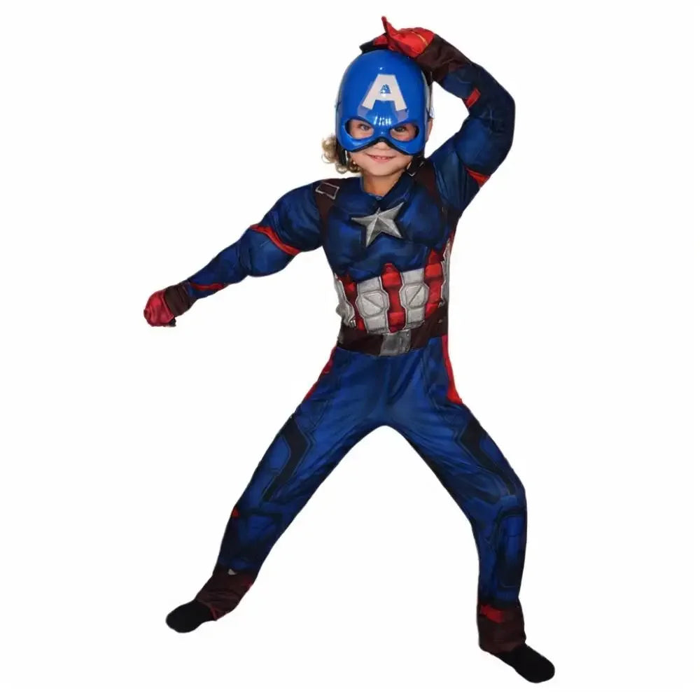 2025Kids Anime Superhero Costume Captain America Muscle Jumpsuit with Shield and Mask Cloak for Halloween Carnivals Cosplay Suit