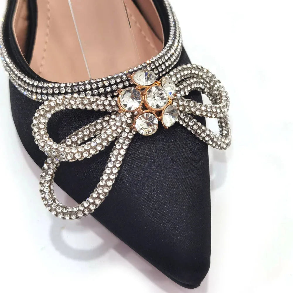 Ladies Pointed-Toe Party High Heels Magenta Colour Bow Rhinestone Stereo Bag Evening  African Wedding Shoe And Bag Set