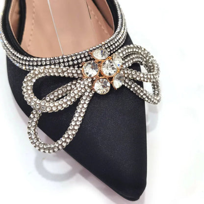 Ladies Pointed-Toe Party High Heels Magenta Colour Bow Rhinestone Stereo Bag Evening  African Wedding Shoe And Bag Set