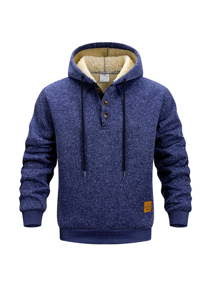 Men's Half Button Hoodie Thicken Winter Hooded Sweatshirts Retro Warm Fleece Knit Sweater Outdoor Running Sports Casual Pullover