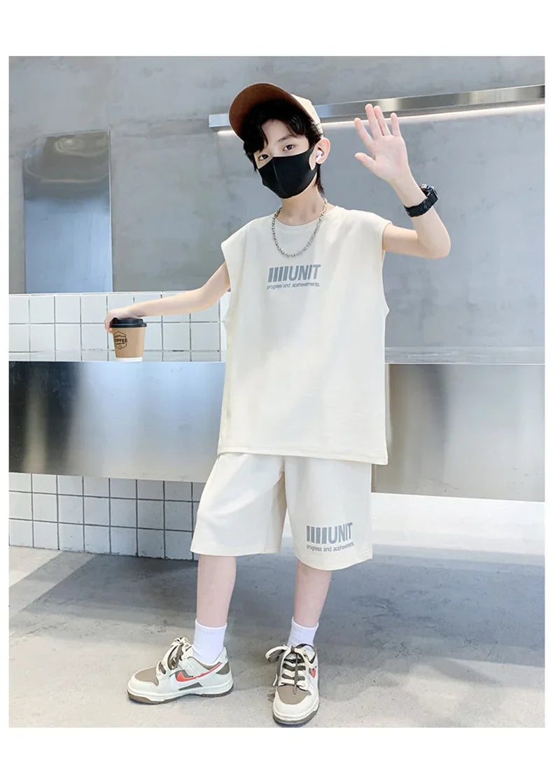 Big Child Cotton Summer Suit for Teens Boy Wing Print Cotton Tshirt + Shorts 2PCS Clothing Set Kids Adult Fashion Street Outfit