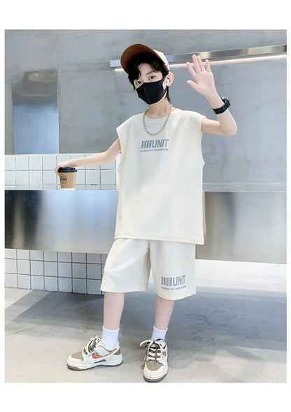 Big Child Cotton Summer Suit for Teens Boy Wing Print Cotton Tshirt + Shorts 2PCS Clothing Set Kids Adult Fashion Street Outfit